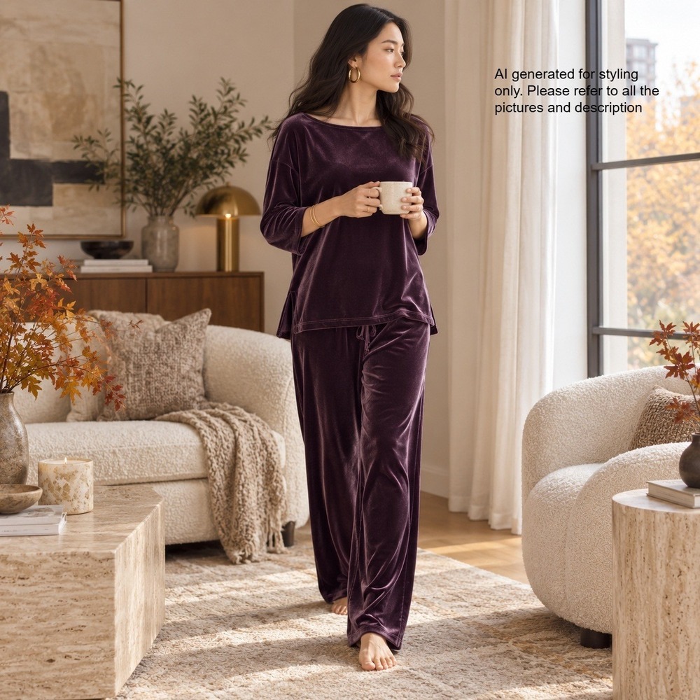 VTG Petite Sophisticate Purple Velvet 2 Piece Tunic and Wide Leg Pant Set M